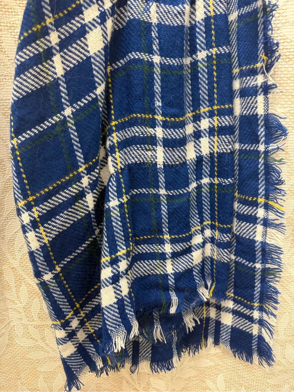 Blue Plaid Fringe Scarf with Yellow Accent